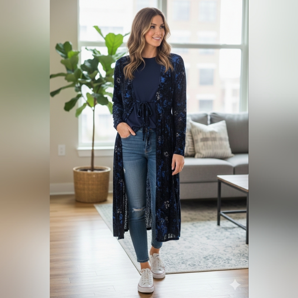 VENUS Velvet Burn-out Midnight Blue Long Sleeve Tie-Front Duster Size M